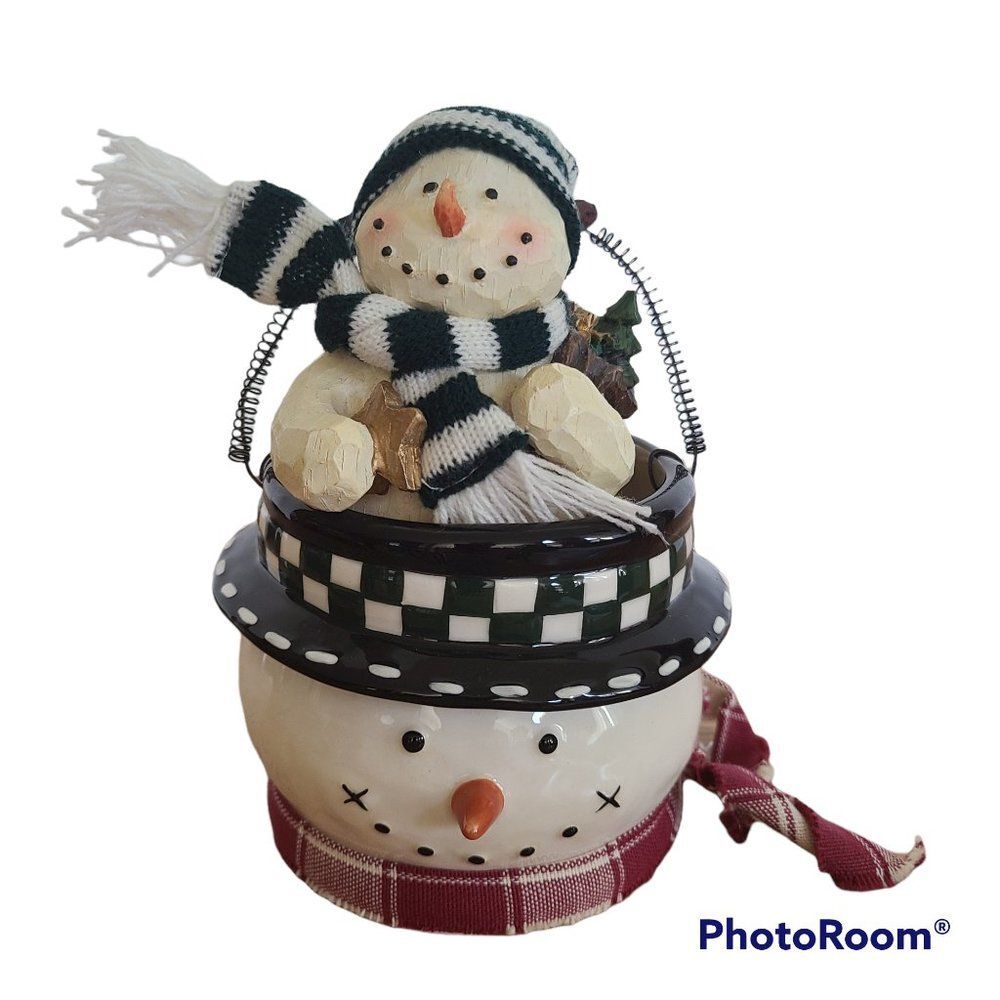 Vintage Wood-Look Snowman Figurine & Ceramic Snowman Bucket Pail Snowman Lot